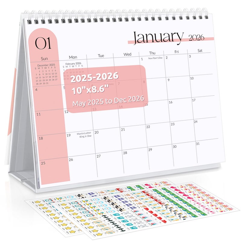 SKYDUE Desk Calendar 2025-2026, May 2025 to Dec 2026 20 Months Small Desk Calendar with Planner Stickers, 10" x 8" Desktop Calendar Planner, Minimalist - Image 1