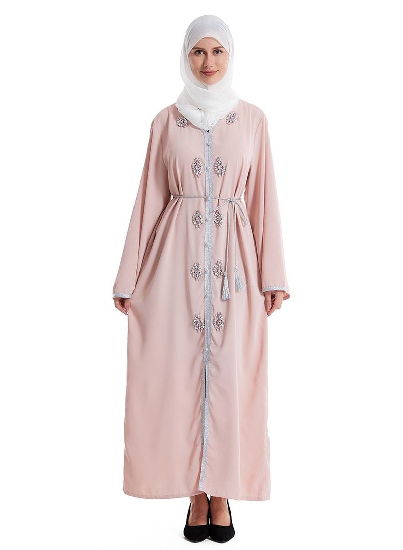 إسكدنيا Lady's V-Neck Lace Inlay Long Dress Long Sleeve Abaya Thobe Robe Light Pink - Image 1