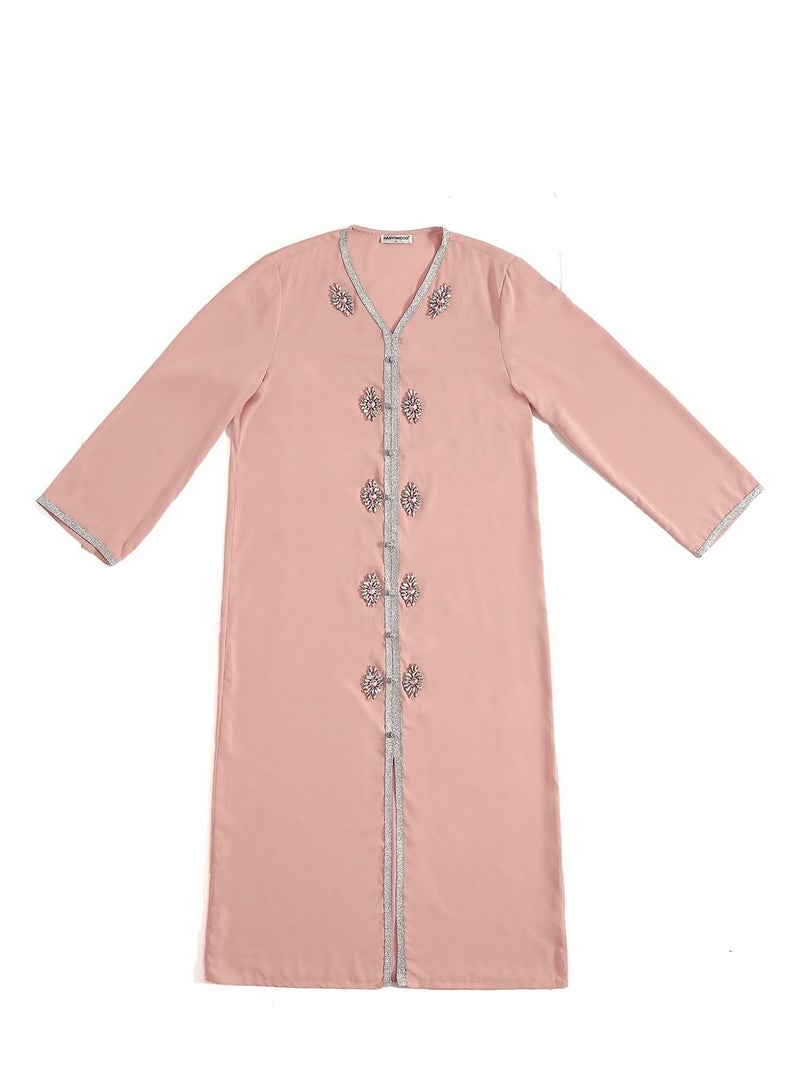 إسكدنيا Lady's V-Neck Lace Inlay Long Dress Long Sleeve Abaya Thobe Robe Light Pink - Image 3