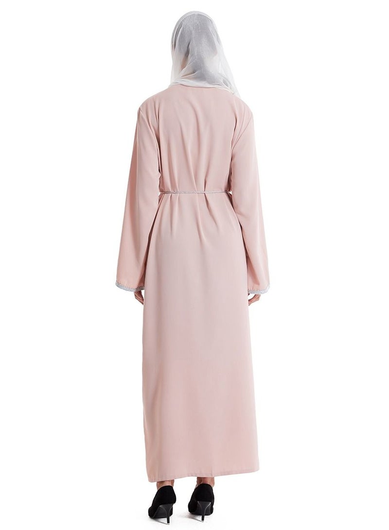 إسكدنيا Lady's V-Neck Lace Inlay Long Dress Long Sleeve Abaya Thobe Robe Light Pink - Image 2
