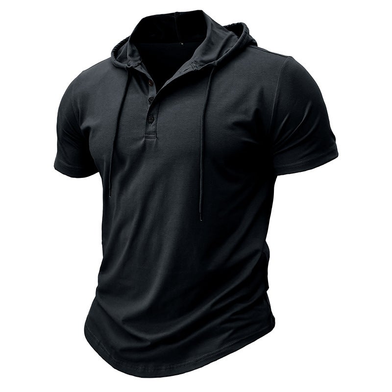 Mens Fitness Hooded Tee Sports Short Sleeve Black  - Image 1