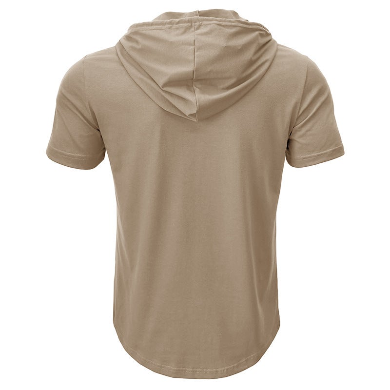 Mens Fitness Hooded Tee Sports Short Sleeve Black  - Image 5