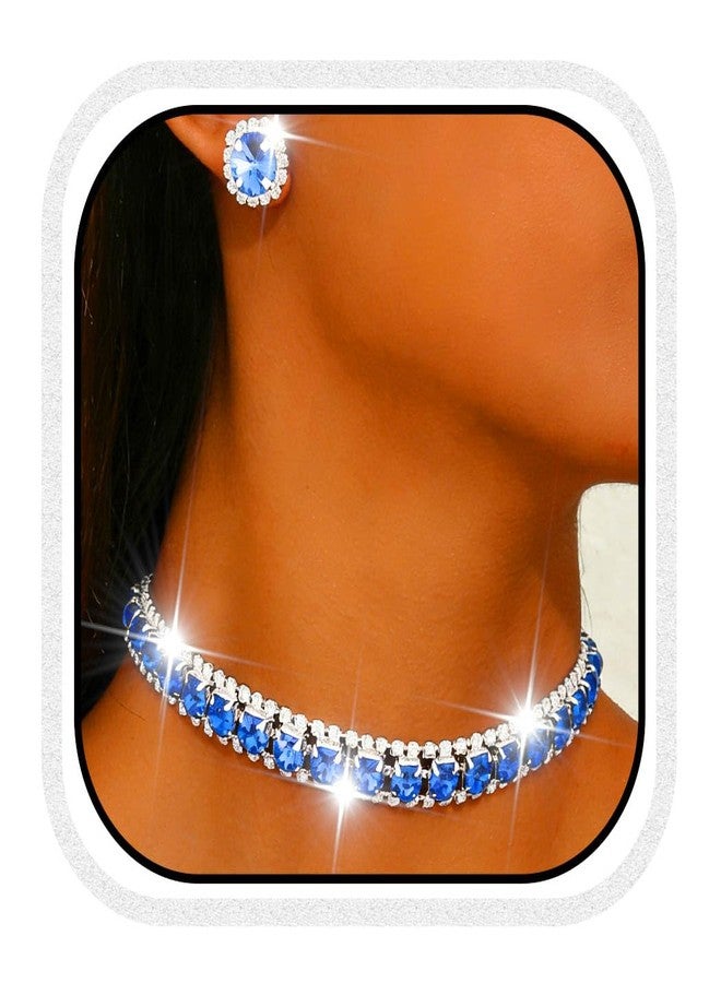 CLOACE Rhinestone Choker Necklace Set Bridal Wedding Necklace Earrings Sets Prom Jewelry Accessories for Women (Blue) - Image 1