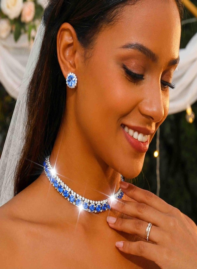 CLOACE Rhinestone Choker Necklace Set Bridal Wedding Necklace Earrings Sets Prom Jewelry Accessories for Women (Blue) - Image 3