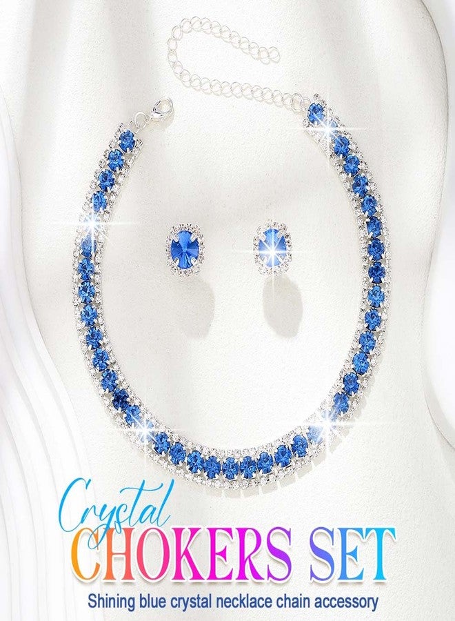 CLOACE Rhinestone Choker Necklace Set Bridal Wedding Necklace Earrings Sets Prom Jewelry Accessories for Women (Blue) - Image 2
