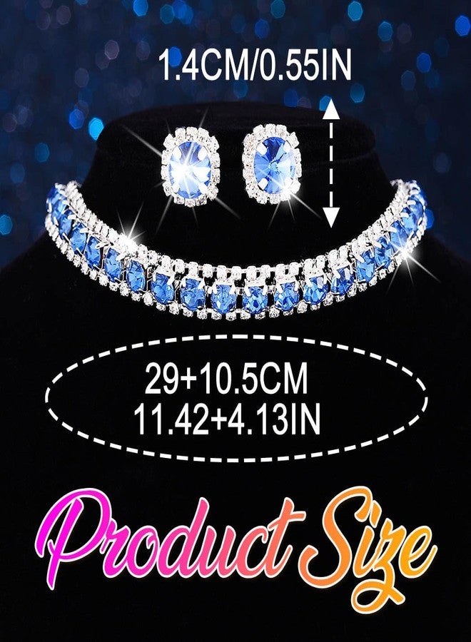 CLOACE Rhinestone Choker Necklace Set Bridal Wedding Necklace Earrings Sets Prom Jewelry Accessories for Women (Blue) - Image 4