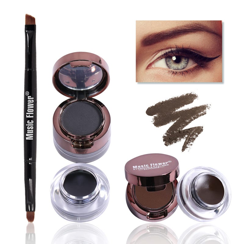 Music Flower Gel Eyeliner Eyebrow Powder, Black and Brown Waterproof Smudgeproof Long Lasting Makeup Eyeliner Gel with Brush Mirror, 0.49 Ounce, Pack of 2 - Image 1