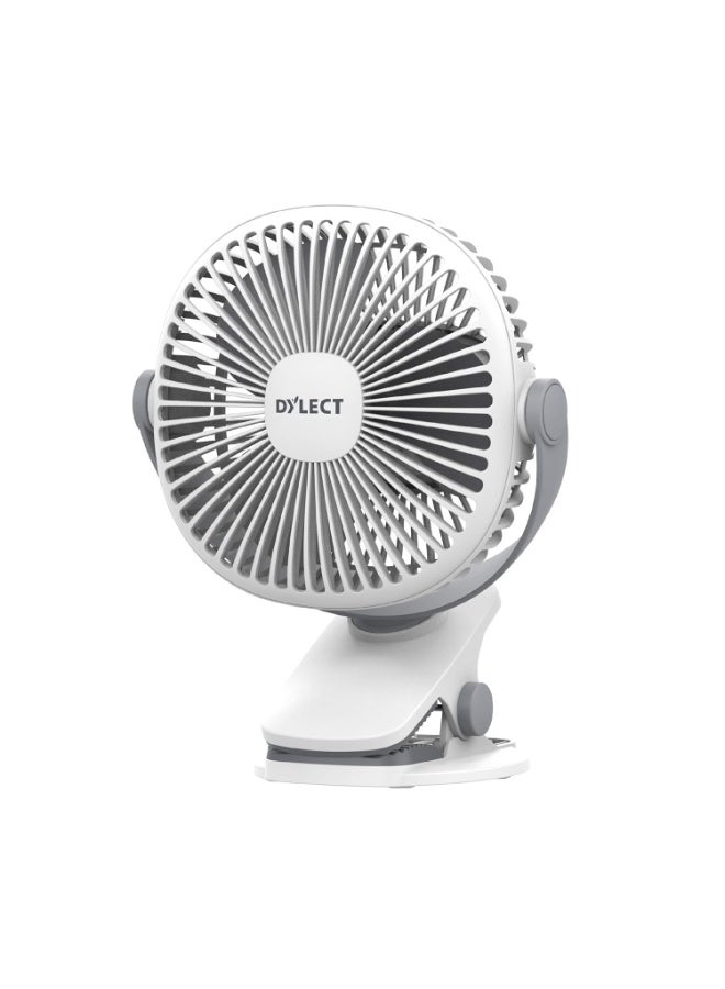 Dylect® Briza Clip Mate Rechargeable Fan | 2000mAh Battery | 8H Runtime | TruSilent BLDC Motor | 3-Speed | 360° Rotation | MICRO-B | Clip & Wall-Mount Fan | Home/Office/Home/Travel | White - Image 1