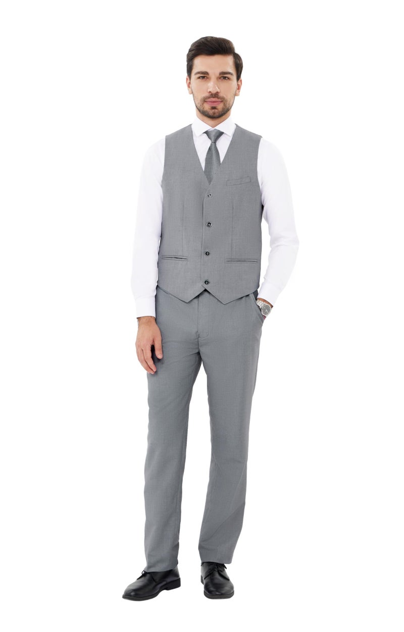 MAGE MALE Mens Suits Slim Fit 3 Piece Tuxedo Suit One Button Solid Prom Wedding Party Blazer Vest Pants Set with Tie Light Grey - Image 4