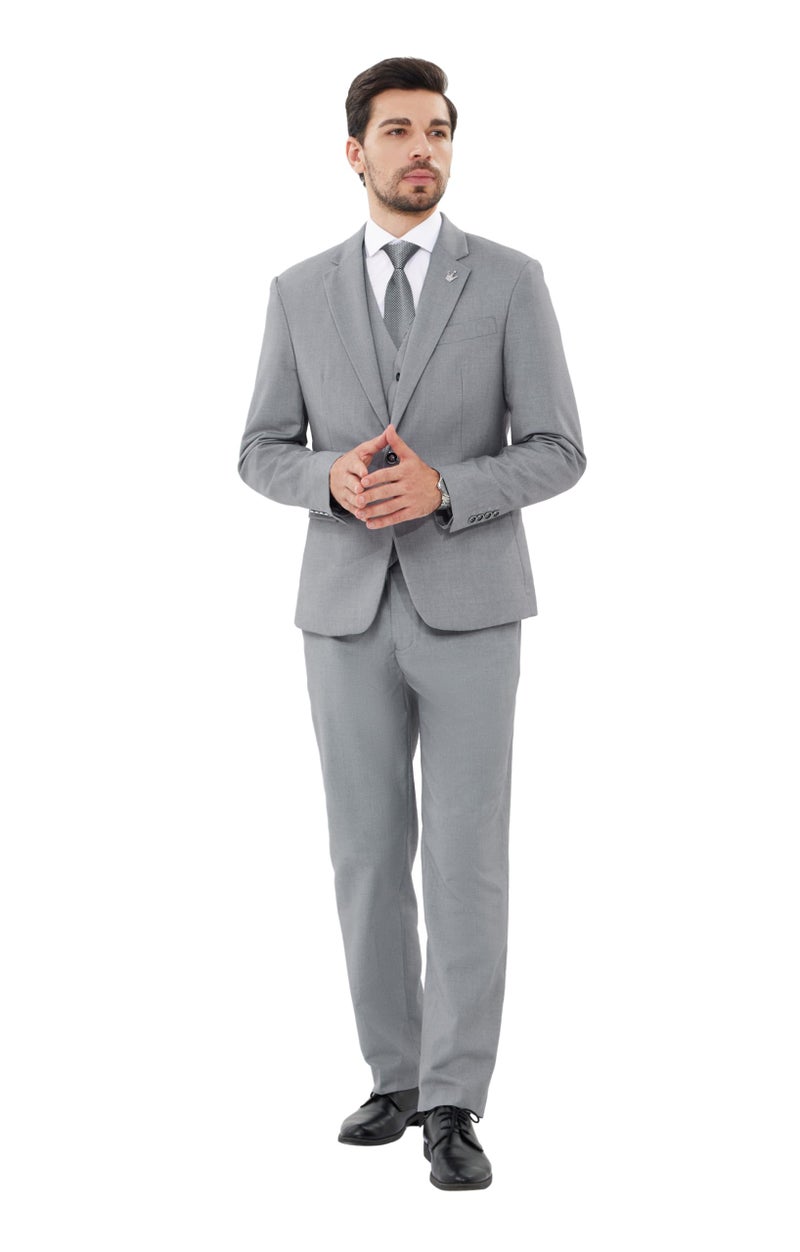 MAGE MALE Mens Suits Slim Fit 3 Piece Tuxedo Suit One Button Solid Prom Wedding Party Blazer Vest Pants Set with Tie Light Grey - Image 5