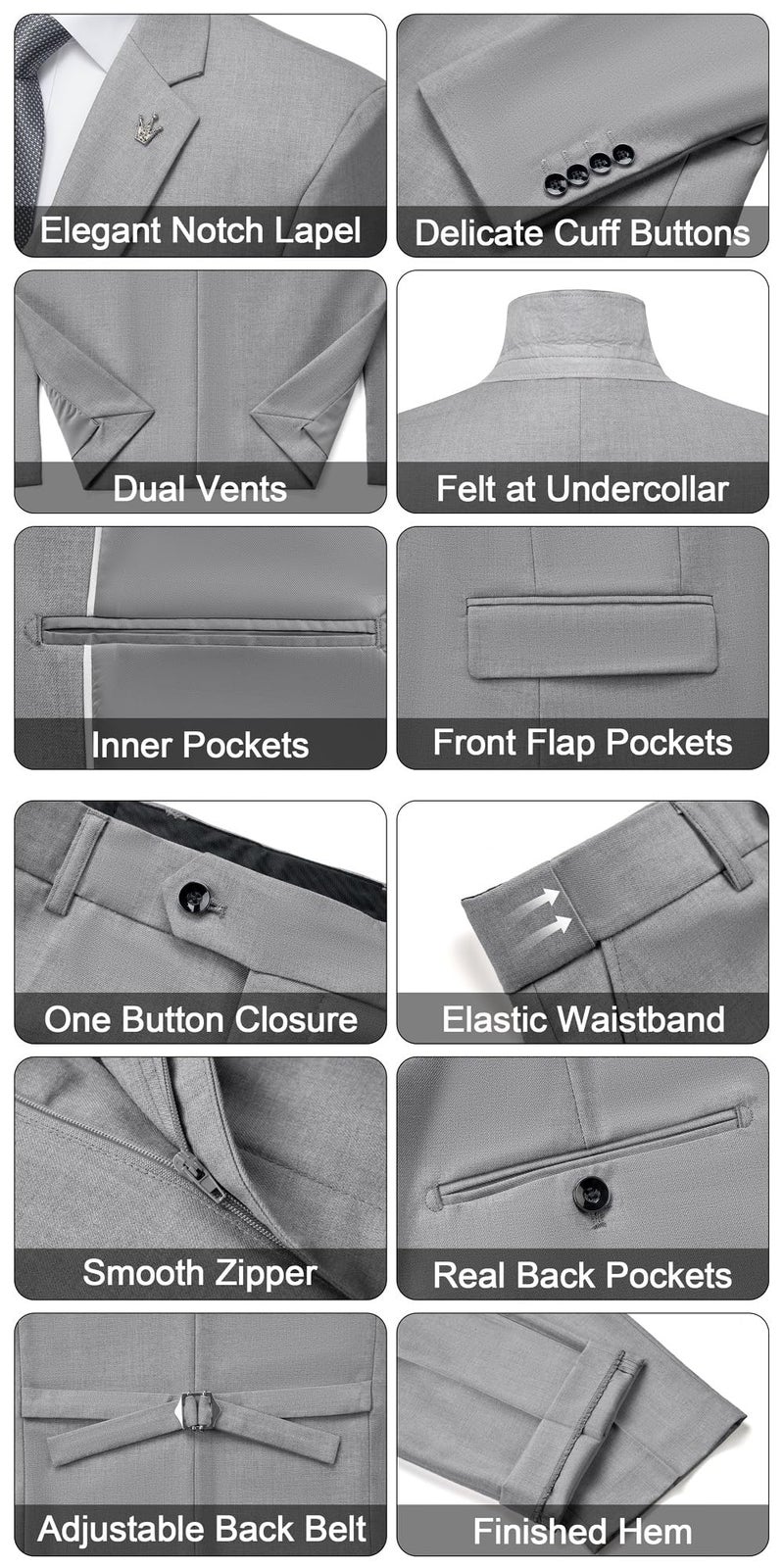 MAGE MALE Mens Suits Slim Fit 3 Piece Tuxedo Suit One Button Solid Prom Wedding Party Blazer Vest Pants Set with Tie Light Grey - Image 3