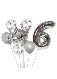 Party 8-piece set for 6th birthday party anniversary decoration party supplies including silver number 6 balloons, silver crown foil balloon set, 12-inch sequin balloons, 12-inch silver balloons 