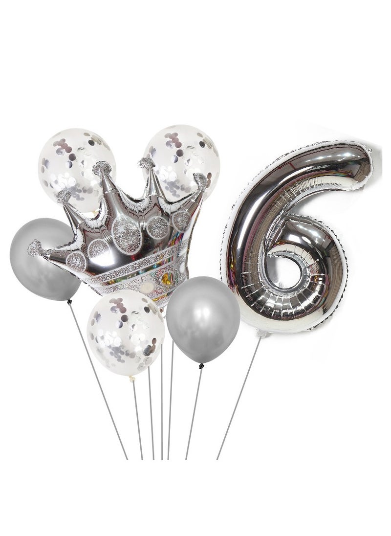 Party 8-piece set for 6th birthday party anniversary decoration party supplies including silver number 6 balloons, silver crown foil balloon set, 12-inch sequin balloons, 12-inch silver balloons 
