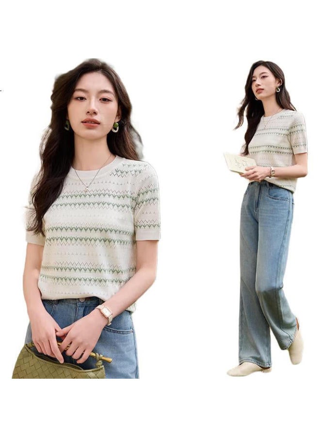 First Application Chushen Spring Summer Short Sleeve Knitted T-shirt Women's Fashion Round Neck Refreshing Striped Commuting Casual Knitted Top S52t033 - Image 3