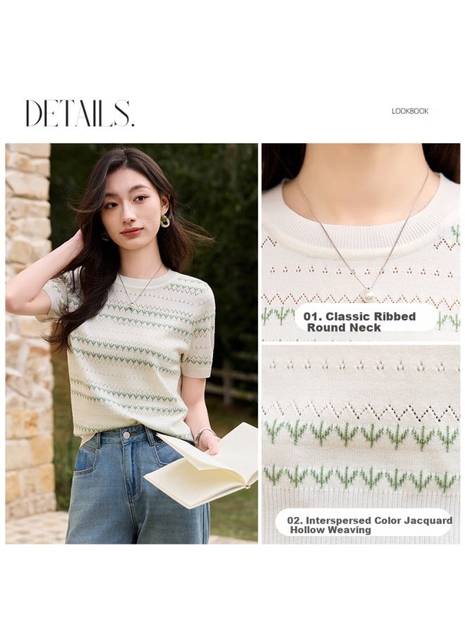 First Application Chushen Spring Summer Short Sleeve Knitted T-shirt Women's Fashion Round Neck Refreshing Striped Commuting Casual Knitted Top S52t033 - Image 1