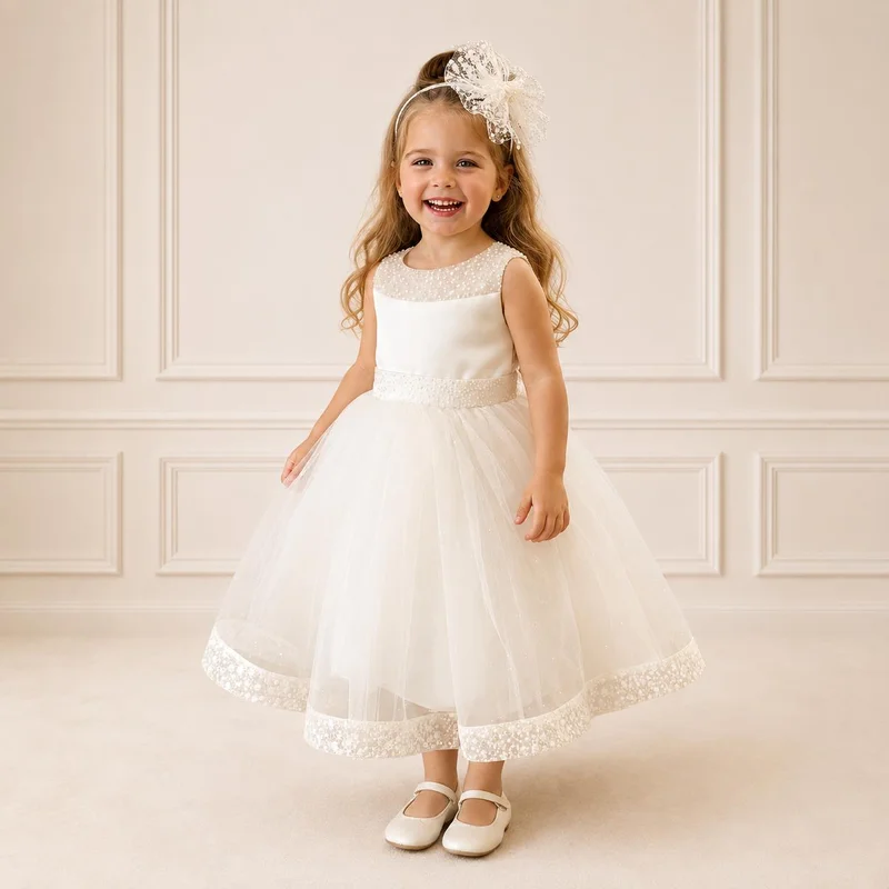 Via Bambino Ivory Beaded Sparkle Tulle Dress with Lace Hem 5733