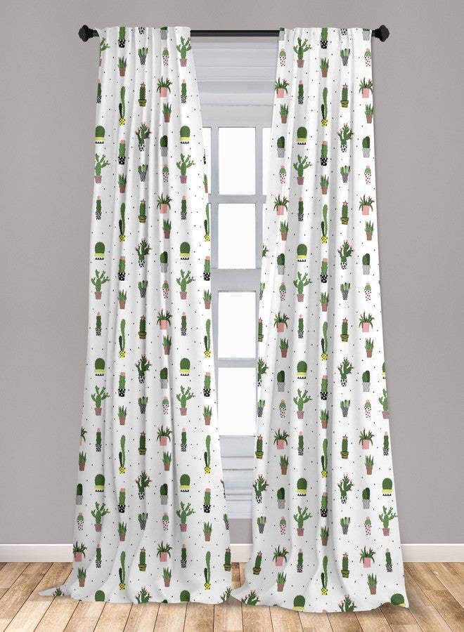 Lunarable Succulent Window Curtain Panels 4 Pack, Repetitive Pattern of Polka Dots and Cactus Plants in Pots, Lightweight Set with Rod Pocket, 4 Panels of - 28"x63", Reseda Green Multicolor - Image 2