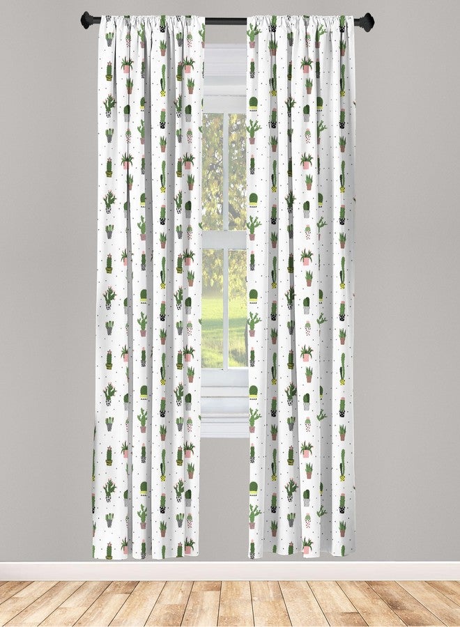 Lunarable Succulent Window Curtain Panels 4 Pack, Repetitive Pattern of Polka Dots and Cactus Plants in Pots, Lightweight Set with Rod Pocket, 4 Panels of - 28"x63", Reseda Green Multicolor - Image 1