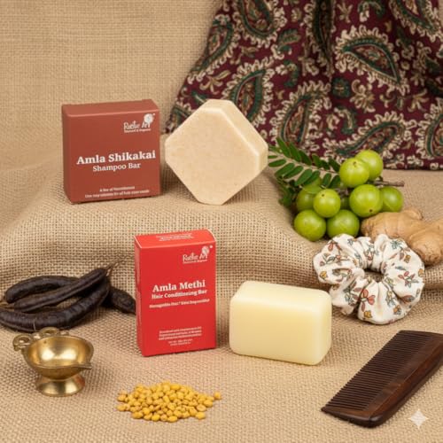 Rustic Art Amla Shikakai Shampoo Bar + Amla Methi Conditioning Bar | Herbal 2-Step Hair Fall Control & Nourishment | Sulphate & Paraben Free - Image 2