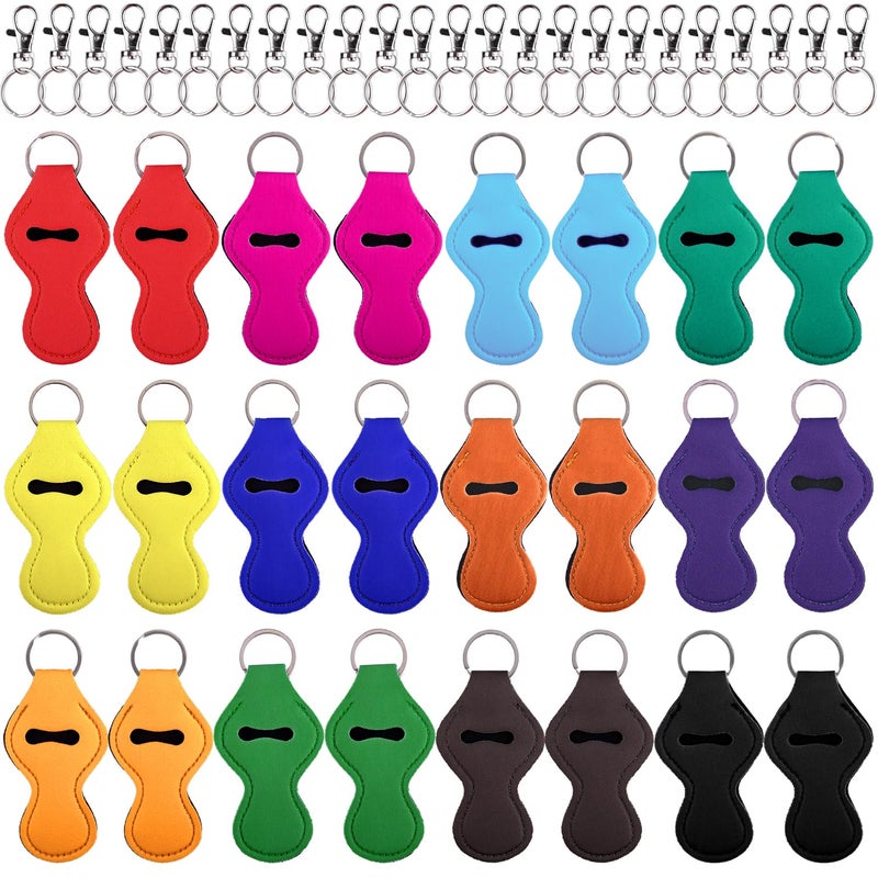 Duufin 24 Pcs Chapstick Holder Keychains Lipstick Holder Keychains with 24 Pcs Metal Clip Cords for Chapstick Tracker and Safeguard 12 Vibrant Color
