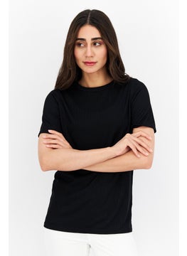 Miss Selfridge Women Petite Crew Neck Shorts Sleeves Ribbed Blouse, Black  - Image 1
