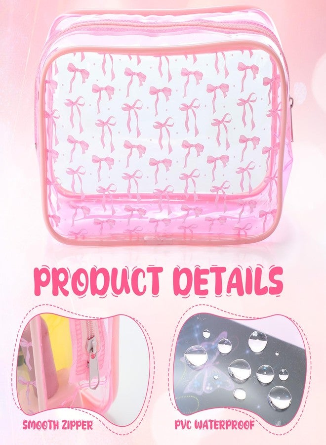 Kacctyen 12 Pcs Pink Bow Clear Cosmetics Bag Coquette Preppy PVC Makeup Bag Bulk Zippered Travel Toiletry Pouch Gift for Women Birthday Party Favor Nurse Graduation Organizer(9.4 x 7 Inches) - Image 3
