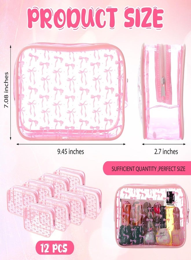 Kacctyen 12 Pcs Pink Bow Clear Cosmetics Bag Coquette Preppy PVC Makeup Bag Bulk Zippered Travel Toiletry Pouch Gift for Women Birthday Party Favor Nurse Graduation Organizer(9.4 x 7 Inches) - Image 2