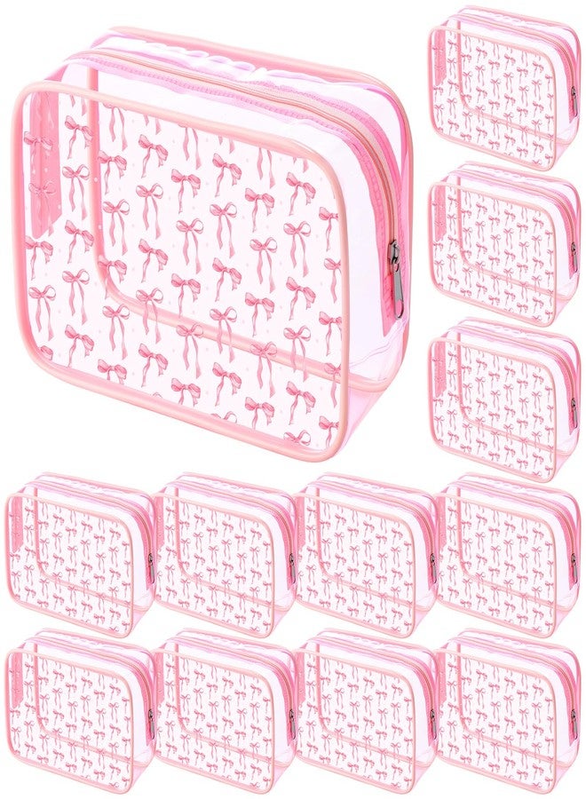 Kacctyen 12 Pcs Pink Bow Clear Cosmetics Bag Coquette Preppy PVC Makeup Bag Bulk Zippered Travel Toiletry Pouch Gift for Women Birthday Party Favor Nurse Graduation Organizer(9.4 x 7 Inches) - Image 1