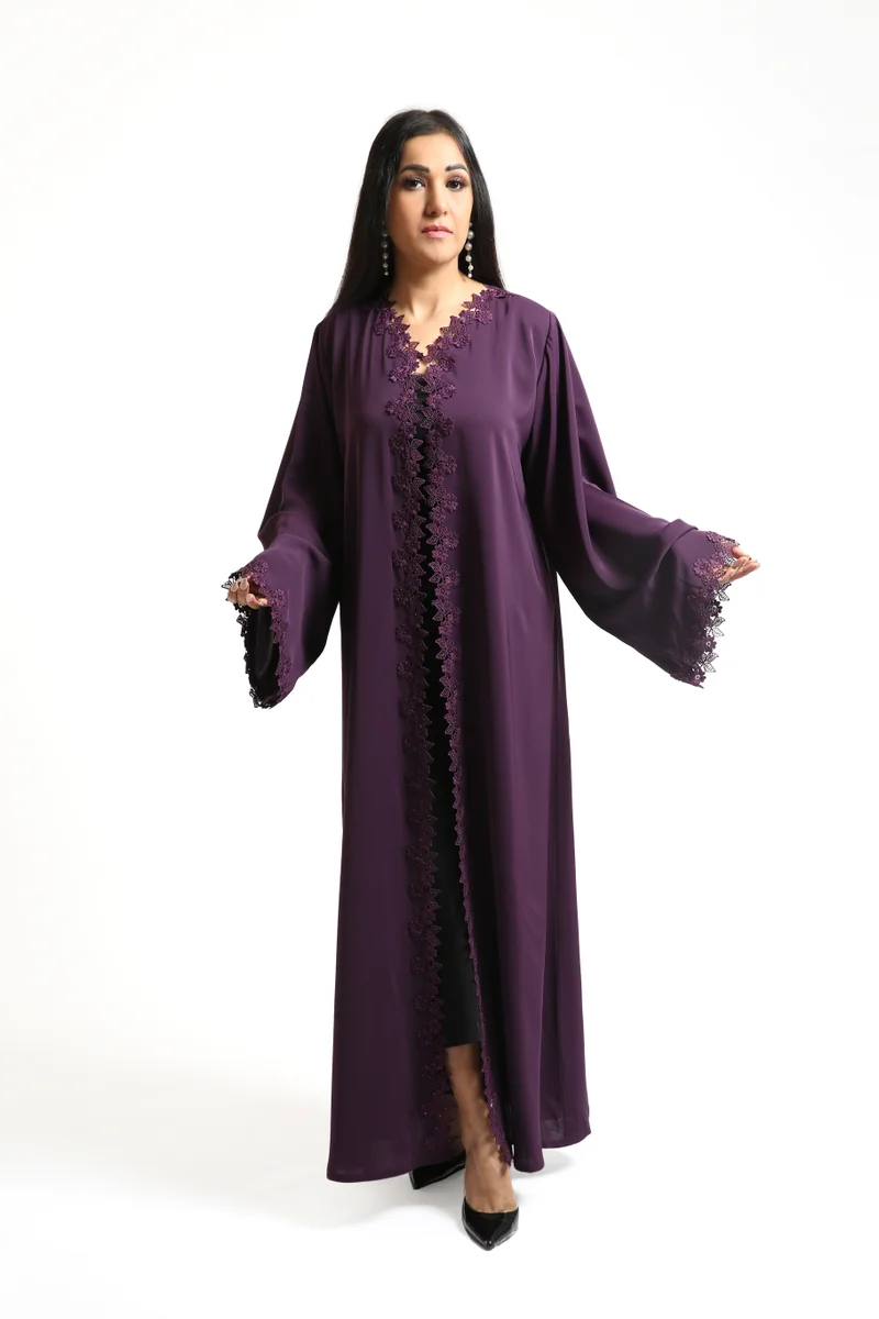 Nikias Purple Nida Abaya with sequence lace Detailing