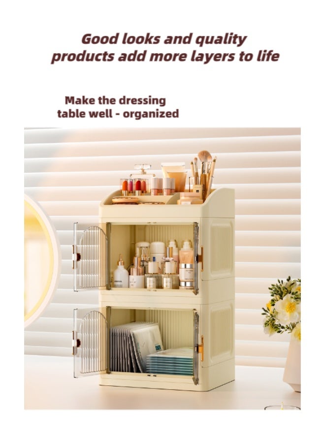 High-end desktop foldable double door desktop storage box multi-layer stationery collection rack, multi-layer finishing, lipstick, cosmetics, skin care products cabinet， - Image 2