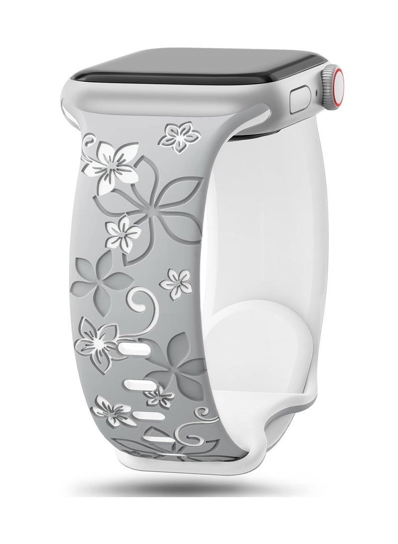 Floral Engraved Bands Compatible with Apple Watch Band 42mm 41mm 40mm 38mm for Women,Cute Flower iWatch Bands Soft Silicone Sport Strap for iWatch Series SE 10 9 8 7 6 5 4 3 Ultra, Grey/White - Image 1