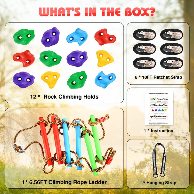 TOPNEW 12 Ninja Tree Climbing Holds for Tree Climber Tree Climbing Kit with 66FT Rope Ladder for Outdoor Ninja Warrior Obstacle Course Training - Image 3