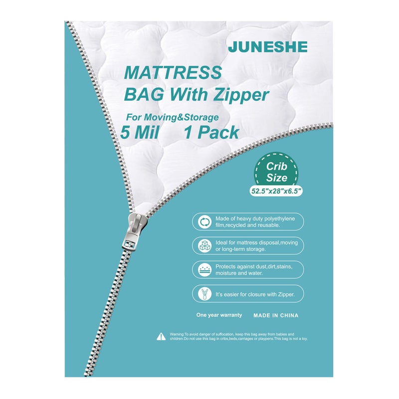 JUNESHE 5 Mil Crib Size Mattress Bag with Zipper for Storage Moving Heavy Duty Plastic Waterproof Mattress Protector Cover Moving Supplies