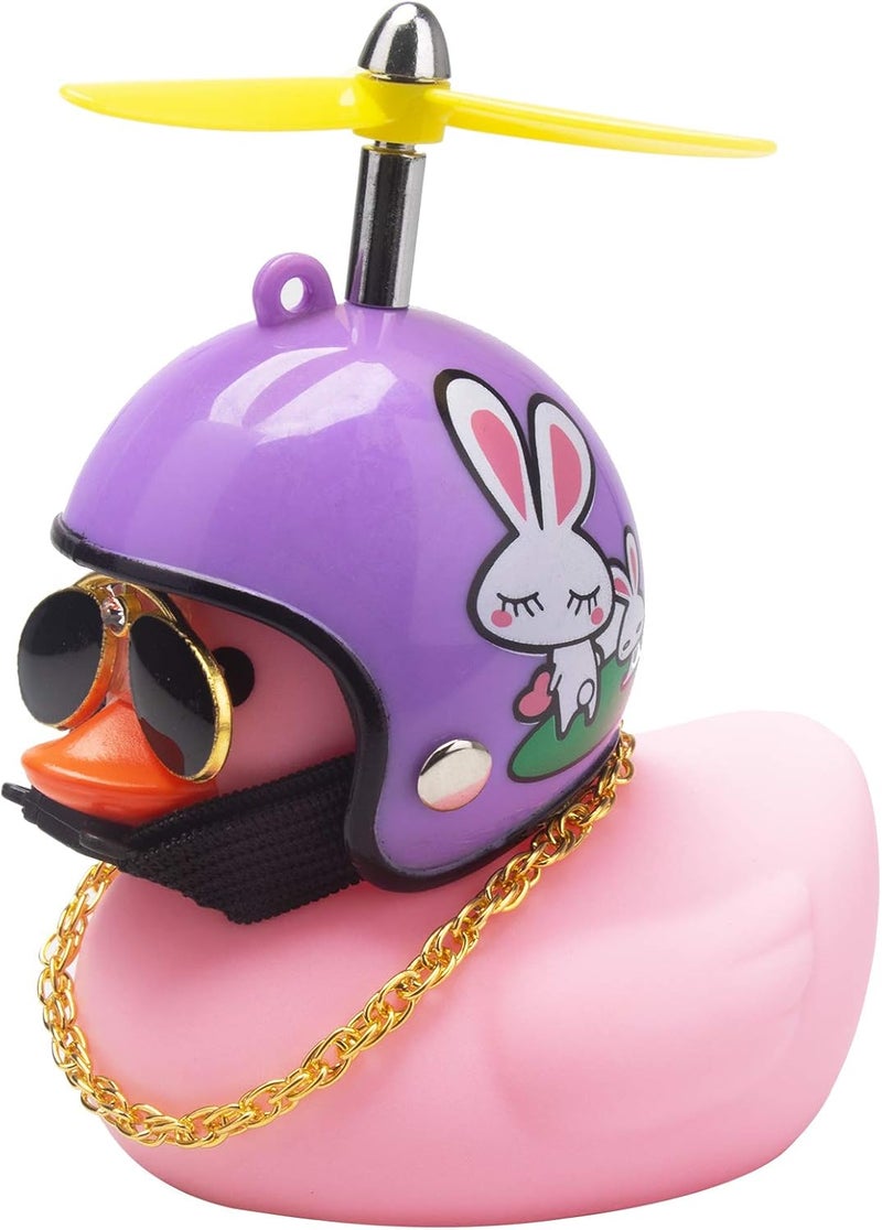 wonuu Pink Duck Car Dashboard Decorations Rubber Duck Car Ornaments Cool Duck with Propeller Helmet Sunglasses Gold Chain (Purple Rabbit) - Image 1