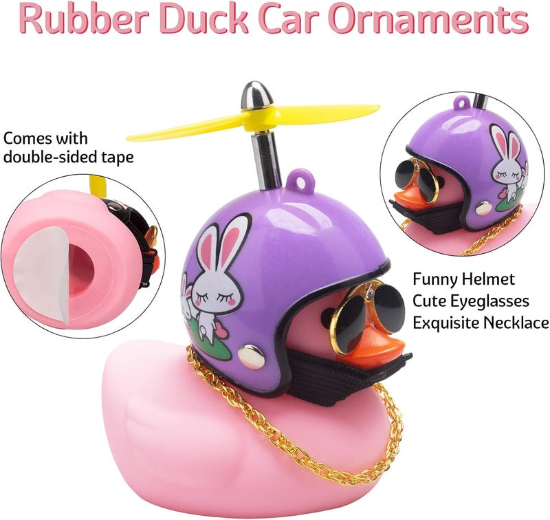 wonuu Pink Duck Car Dashboard Decorations Rubber Duck Car Ornaments Cool Duck with Propeller Helmet Sunglasses Gold Chain (Purple Rabbit) - Image 5