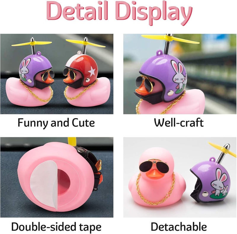 wonuu Pink Duck Car Dashboard Decorations Rubber Duck Car Ornaments Cool Duck with Propeller Helmet Sunglasses Gold Chain (Purple Rabbit) - Image 2
