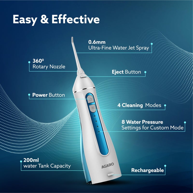AGARO Oral Irrigator, Portable, Cordless & Rechargeable, 4 Cleaning Modes, IPX7 Waterproof with 200ml Water Tank, Flossing at Home & Travel, Oral Flosser, Dental Flosser for teeth - Image 4