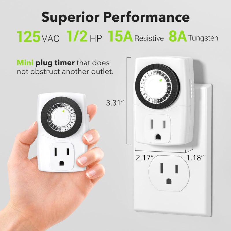 BN-LINK BND-60/U47 Indoor Mini 24-Hour Mechanical Outlet Timer, 3-Prong, 2-Pack - Image 5