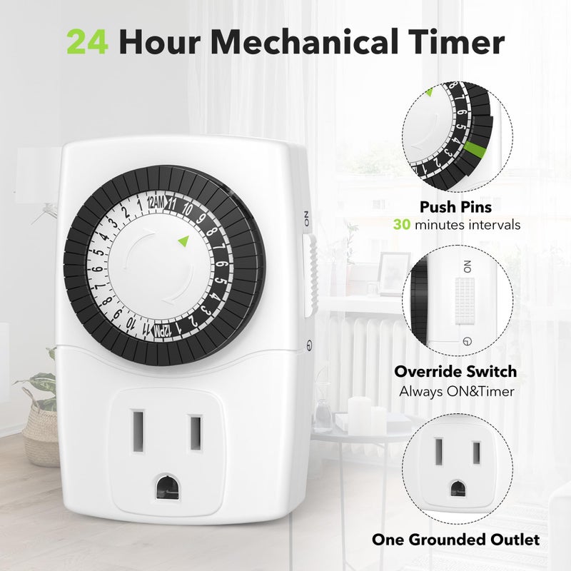 BN-LINK BND-60/U47 Indoor Mini 24-Hour Mechanical Outlet Timer, 3-Prong, 2-Pack - Image 2