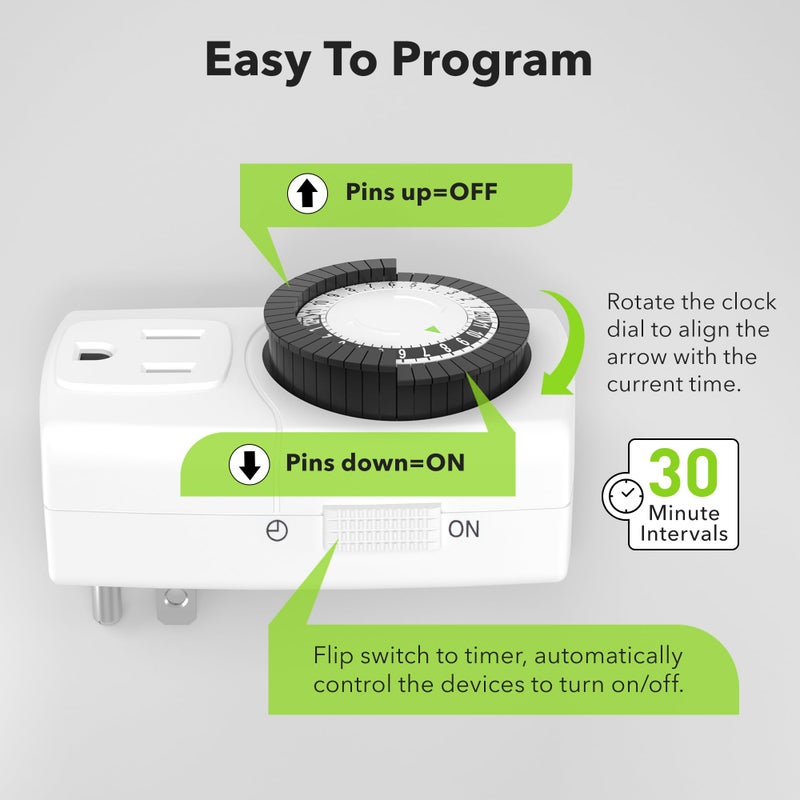 BN-LINK BND-60/U47 Indoor Mini 24-Hour Mechanical Outlet Timer, 3-Prong, 2-Pack - Image 3