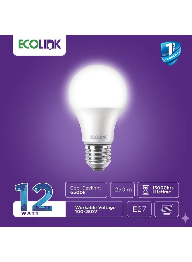 ECOLINK 12W LED Light Bulb,E27 Base,6500K 1CT/12 Cool Day Light-Pack Of 6 - Image 3