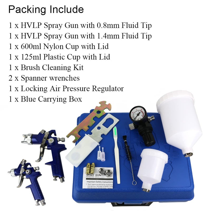 Hotorda HVLP Air Gravity Spray Gun Set,2-Sprayer paint Gun,0.8mm 150ml & 1.4mm 600ml Auto Gravity Feed Painting with Locking Air Pressure Regulator Gauge Air Spray Nozzle Gun for Cake Decoration,Model Making - Image 4