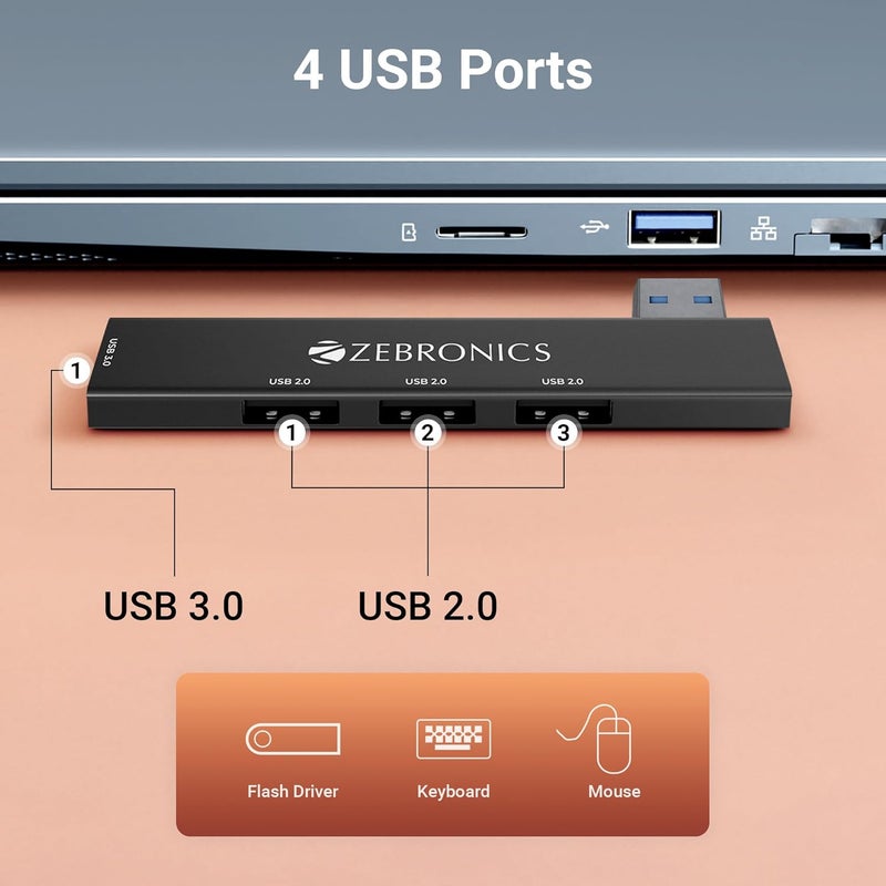 ZEBRONICS 210HB, 4 in 1 USB Hub, USB 3.0, 4 USB Ports, Speeds Upto 5 Gbps, Metal Body, for Mac | Laptops - Image 3