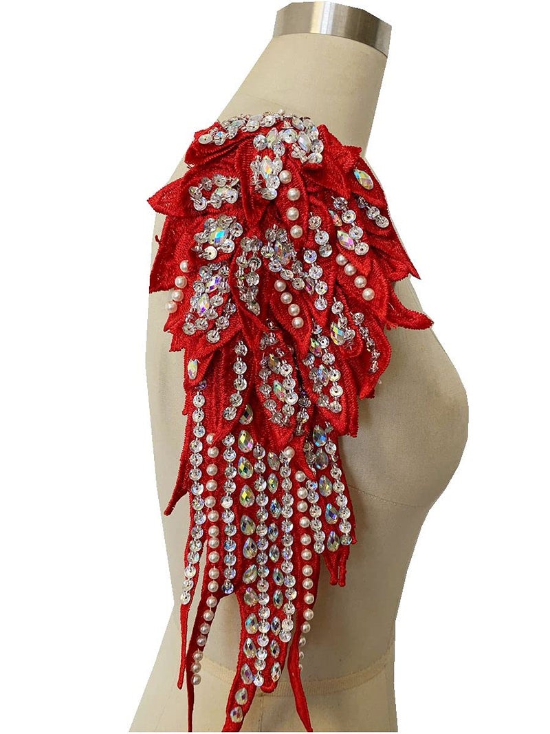 Zbroh Handmade 18 Colour Sew on Rhinestones Pearl Lace Applique Handsewing Beads Trim Patches for Dress Clothes Accessory Red