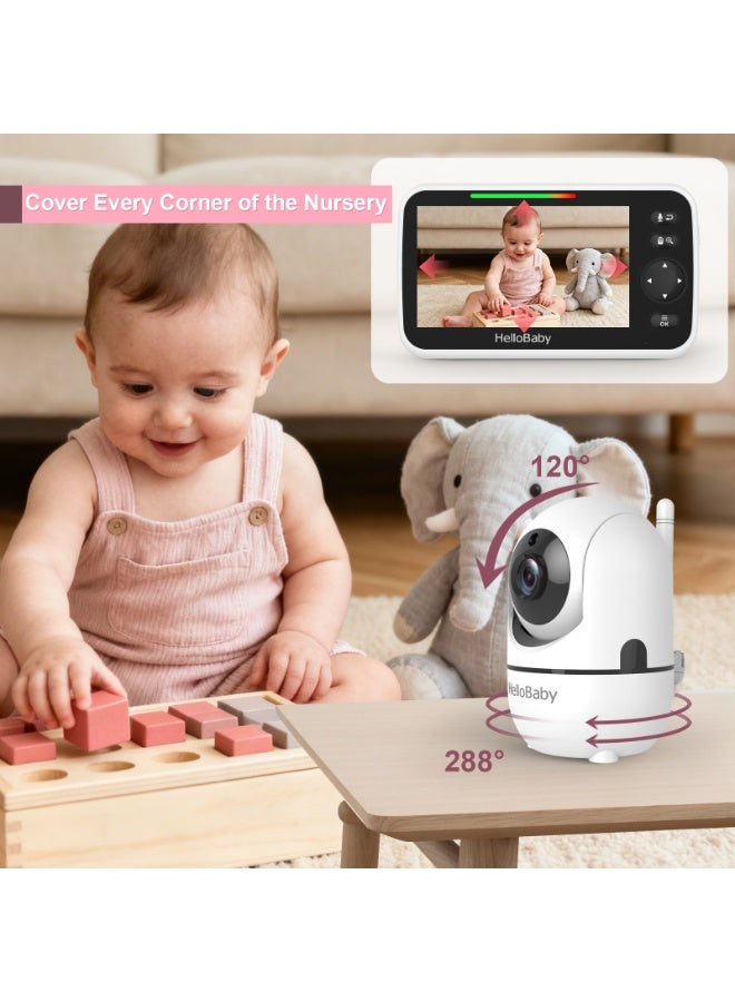 Hellobaby HB6050 نموذج 2025 بدون واي فاي لمراقبة الأطفال شاشة 5 بوصات بطارية 30 ساعة بان-ميل-زووم ترقية الفيديو مع كاميرا وصوت، رؤية ليلية، VOX، حديث ثنائي الاتجاه، 8 أغانٍ مهدئة ونطاق 1000 قدم - Image 5