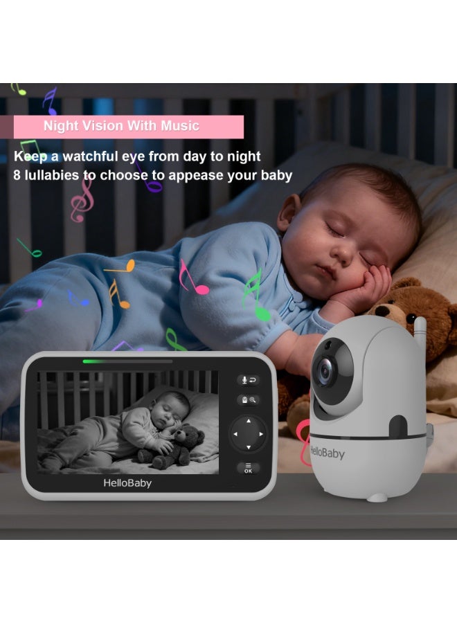 Hellobaby HB6050 نموذج 2025 بدون واي فاي لمراقبة الأطفال شاشة 5 بوصات بطارية 30 ساعة بان-ميل-زووم ترقية الفيديو مع كاميرا وصوت، رؤية ليلية، VOX، حديث ثنائي الاتجاه، 8 أغانٍ مهدئة ونطاق 1000 قدم - Image 3