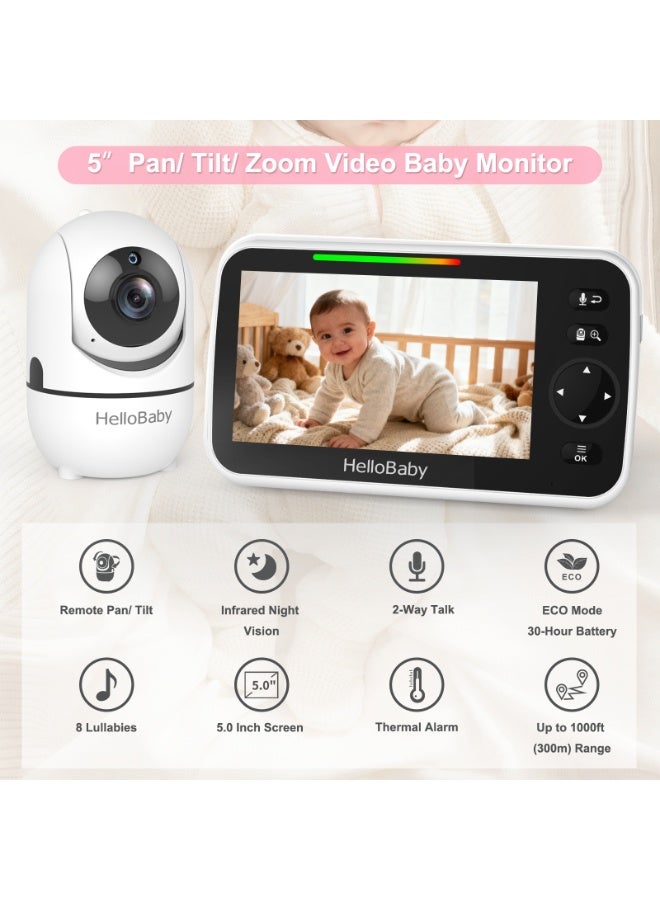 Hellobaby HB6050 نموذج 2025 بدون واي فاي لمراقبة الأطفال شاشة 5 بوصات بطارية 30 ساعة بان-ميل-زووم ترقية الفيديو مع كاميرا وصوت، رؤية ليلية، VOX، حديث ثنائي الاتجاه، 8 أغانٍ مهدئة ونطاق 1000 قدم - Image 2