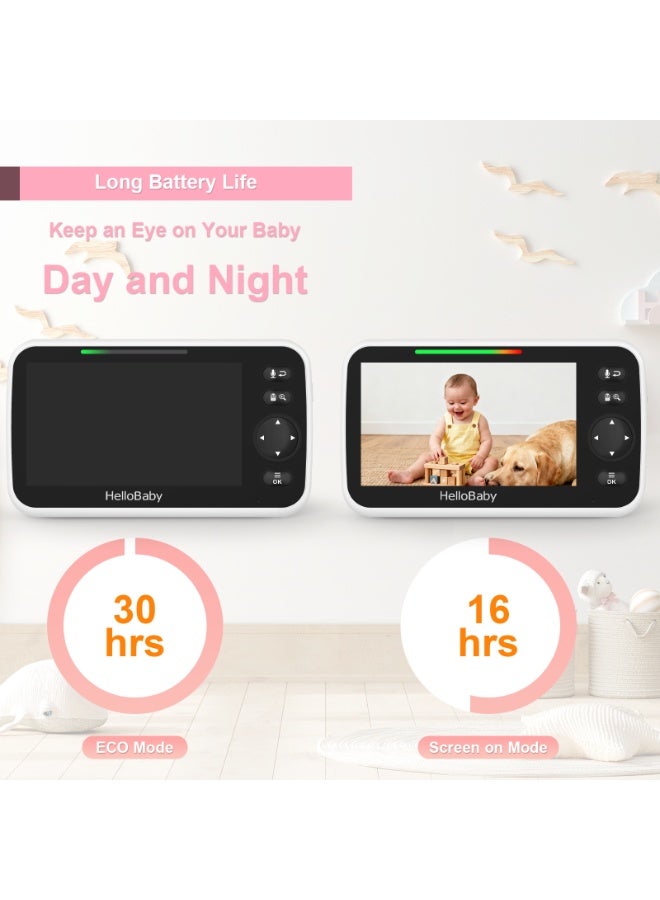 Hellobaby HB6050 نموذج 2025 بدون واي فاي لمراقبة الأطفال شاشة 5 بوصات بطارية 30 ساعة بان-ميل-زووم ترقية الفيديو مع كاميرا وصوت، رؤية ليلية، VOX، حديث ثنائي الاتجاه، 8 أغانٍ مهدئة ونطاق 1000 قدم - Image 4
