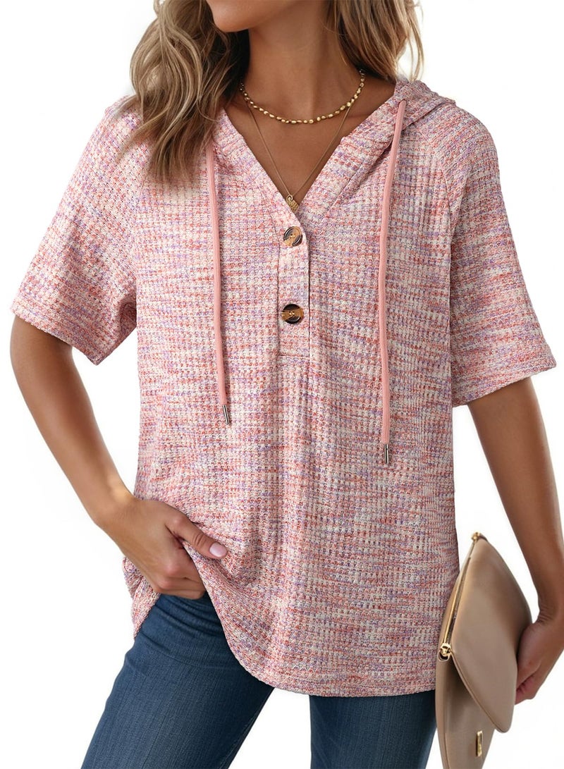 Dokotoo Spring Tops for Women 2026 Short Sleeve Boho Colorful Waffle Knit T-Shirts Drawstring Hoodies Button V Neck Tee Blouses Dressy Casual Summer Lightweight Soft Knitted Sweaters Pink Large - Image 1