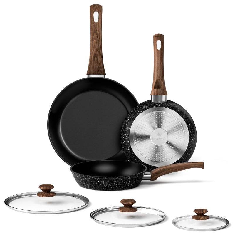 Innerwell Frying Pan Set - 3 Pcs Nonstick Skillets With Lids, PFOA Free, Induction Compatible, Black - Image 1